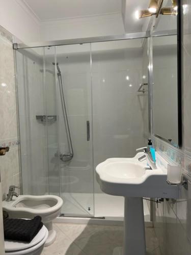 ein Bad mit einer Dusche, einem WC und einem Waschbecken in der Unterkunft New Aqueduct View Romantic Apartment in Campolide - 2B in Lissabon