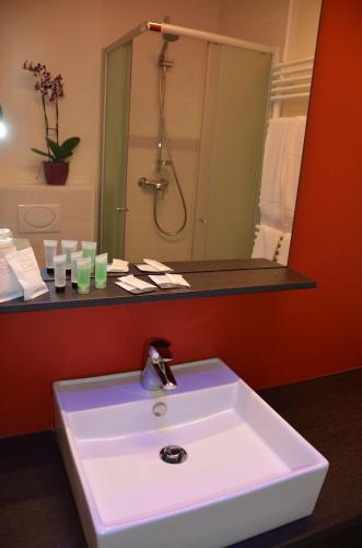 a bathroom with a white sink and a mirror at Logies Bocadillo in Blankenberge