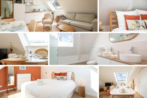 a collage of photos of a bedroom and a living room at Duplex Petit-Fort proche plage in Gravelines