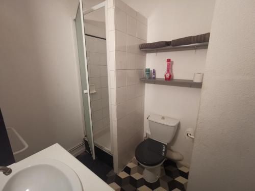une petite salle de bain avec toilettes et lavabo dans l'établissement Studio proche Tramway et Montpellier Business School, à Montpellier