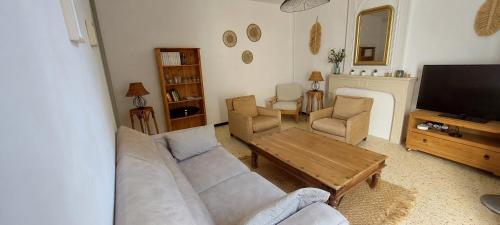 uma sala de estar com um sofá e uma televisão em La maison de la Traverse em Saint-Guilhem-le-Désert