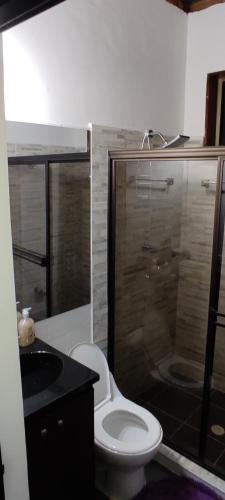een badkamer met een toilet, een douche en een wastafel bij Casa libella in Carmen de Apicalá