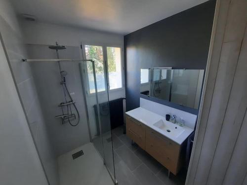 uma casa de banho com uma cabina de duche em vidro e um lavatório. em Maison au Calme, prés du centre Parking Privé em Angoulême