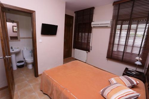 a room with a bed and a toilet and a television at Hotel Andalucia in Ronda