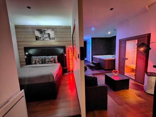 1 dormitorio con 1 cama y 1 dormitorio con bañera en Le Loft Lens : Jacuzzi - sauna - hammam, en Lens