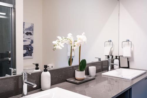 a bathroom counter with a sink and a mirror at Revylation by Revelstoke Vacations in Revelstoke
