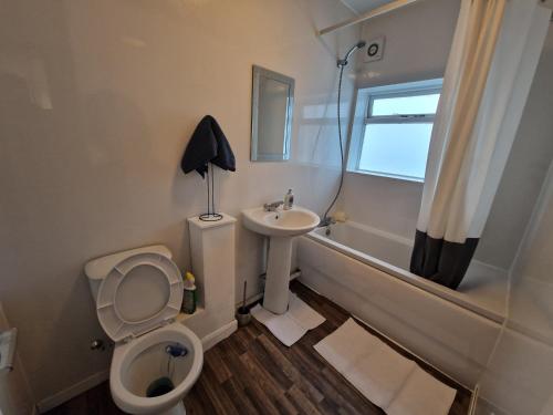 a bathroom with a toilet and a sink at Primos Suite - Stylish 1 Bedroom in Wallsend in Old Walker