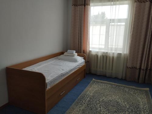 Bett in einem Zimmer mit Fenster und Teppich in der Unterkunft Гостевой дом Энесай in Bischkek