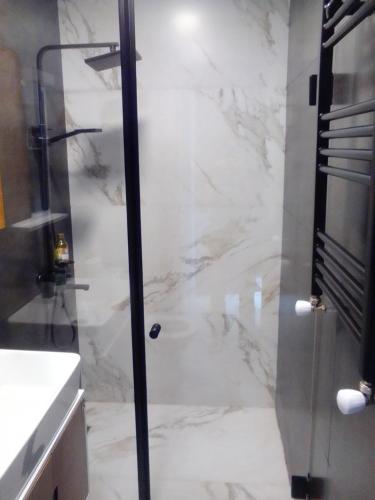 een badkamer met een douche en een glazen deur bij Shartava VIP 31/33 in Tbilisi City