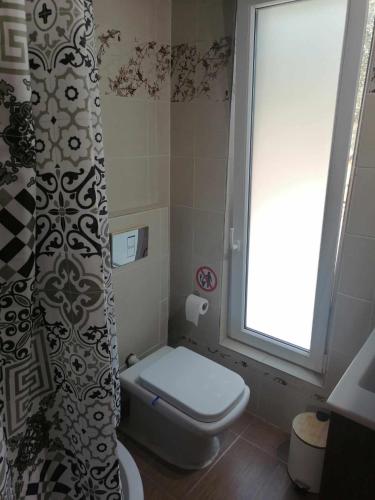 a bathroom with a toilet and a shower curtain at Angel's Houses in Skala Kallonis