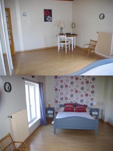 two pictures of a bedroom with a bed and a living room at Gîte du Lieu Piquot in Gréville-Hague