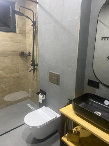 a bathroom with a toilet and a sink and a mirror at Arevaham Boutique Hotel in Stepʼanavan