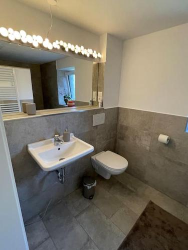 a bathroom with a sink and a toilet and a mirror at Bezauberndes Gästehaus auf dem Lande in Ottersberg