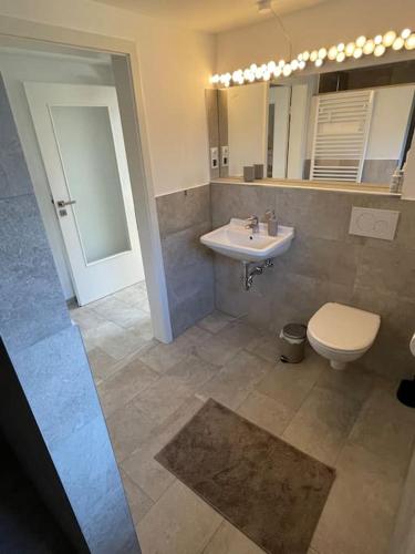 a bathroom with a sink and a toilet and a mirror at Bezauberndes Gästehaus auf dem Lande in Ottersberg
