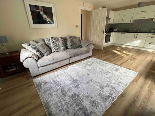 a living room with a couch and a rug at Hillcrest Lodge, Private apartment on Lough Corrib, Oughterard in Galway