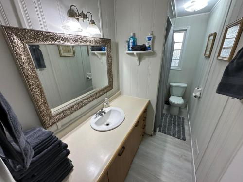 a bathroom with a sink and a mirror and a toilet at By-The-Bay 3 Bed 2 Bath Cottage! - 3mins to the beach! in Pickering