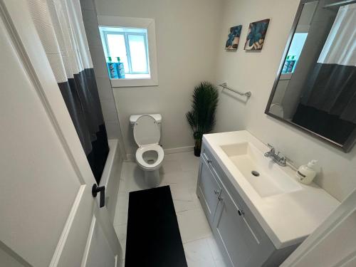 a bathroom with a toilet and a sink and a mirror at Comfy 2 Bedroom Near The Beach! in Pickering