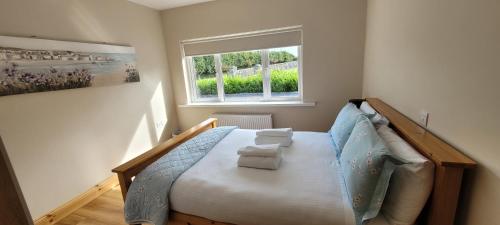 1 dormitorio con cama y ventana en Reed Warbler Cottage en Ballinrobe