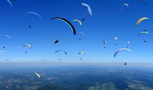 a group of paragliders flying in the sky at Petite maison au calme avec jardin clôturé les animaux bienvenue in Mollau