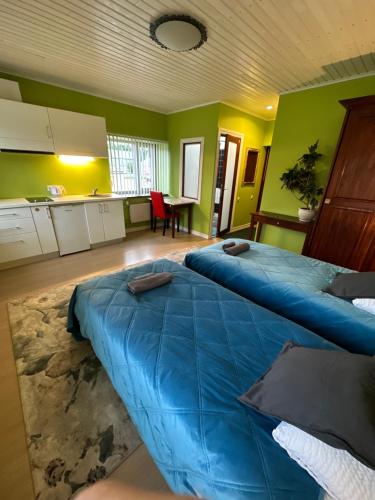 twee blauwe bedden in een kamer met groene muren bij Viesnīcas Jolanta apartamenti in Kolberģi