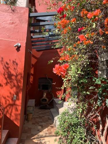an alley with flowers on the side of a building at Antigua Casa del Limon in Guanajuato