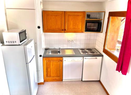 une petite cuisine avec un évier et un micro-ondes dans l'établissement APPARTEMENT CHALETS DU SUPER D, à Saint-Étienne-en-Dévoluy