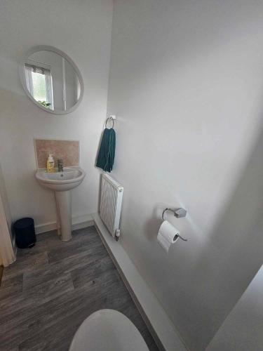 a bathroom with a toilet and a sink and a mirror at Entire 2 Bedroom House Modern Stylish Luxury in Plymouth