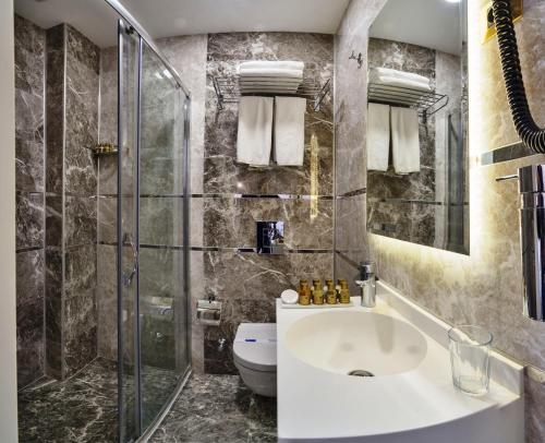 a bathroom with a shower and a sink and a toilet at Zeynep Sultan Hotel in Istanbul
