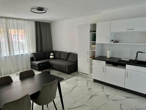 ウィーンにあるViviane Paulos Apartment - Stylish apartment at Wienerbergのキッチンとテーブルとソファのあるリビングルーム