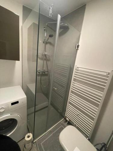 a bathroom with a toilet and a glass shower at L'Imeri Residence in Reilingen
