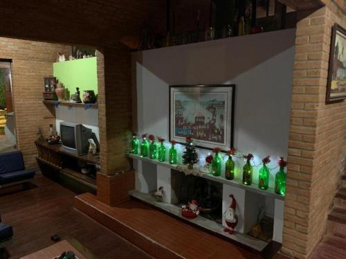 Sítio em Itapecerica da serra في إتابيسيريكا دا سيرا: غرفة معيشة مع مجموعة من الزجاجات الخضراء