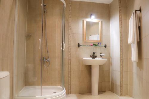 a bathroom with a shower and a sink at Apartments & Studios Mountain Romance in Bansko