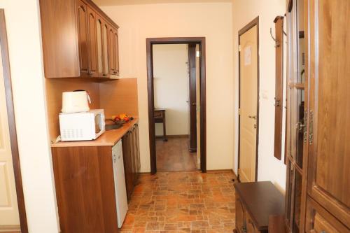 a small kitchen with a microwave on a counter at Apartments & Studios Mountain Romance in Bansko