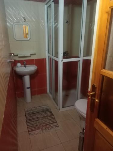 uma casa de banho com um chuveiro, um lavatório e um WC. em Chez hafid em Fez