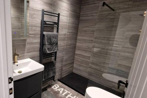 a bathroom with a sink and a toilet at Sea View Luxury 5 Star Cottage Near Milford Marina in Pembrokeshire