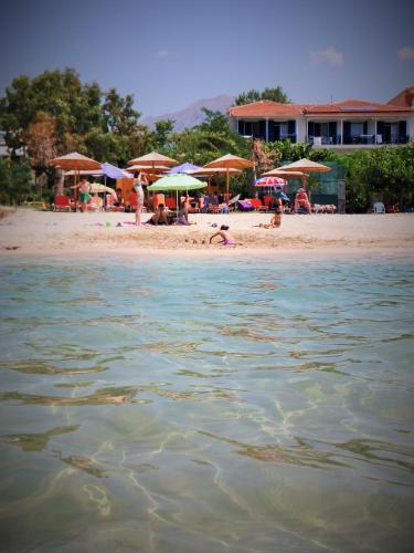 a beach with umbrellas and people sitting on the sand at Nefeli in Vasiliki