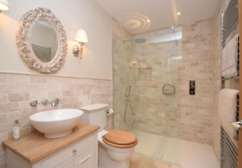 a bathroom with a sink and a toilet and a mirror at The Cottage, Orgreave Estate in Yoxall