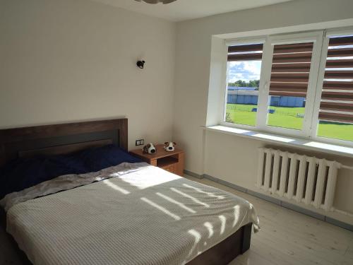 una camera da letto con un letto e due finestre di CHESS Apartment a Ventspils