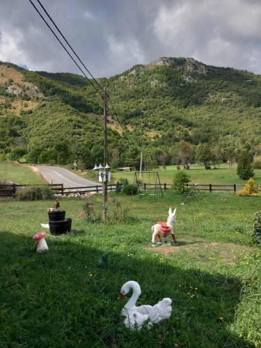 three toy ducks and a dog in the grass at Romantika in Šavnik