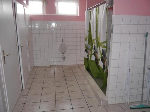a bathroom with a shower and a tiled floor at Ferienwohnung mit Terrasse in der Uckermark in Milmersdorf