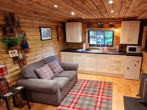 a living room with a couch and a kitchen at Miners log cabin in Blaina