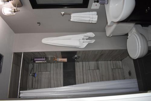 y baño con ducha, aseo y toallas. en BSU Playland 2bd 1b Fully Remodeled on Bsu Campus en Boise