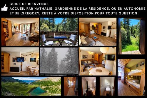 un collage de diferentes fotos de una casa en Le Lodge des marmottes - Calme, cosy, vue nature, en Les Orres