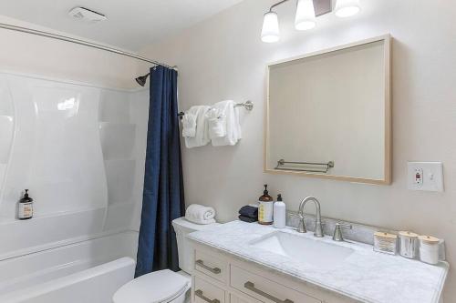 ein Badezimmer mit einem Waschbecken, einem WC und einem Spiegel in der Unterkunft The Nighthawk Eyrie in Stanwood