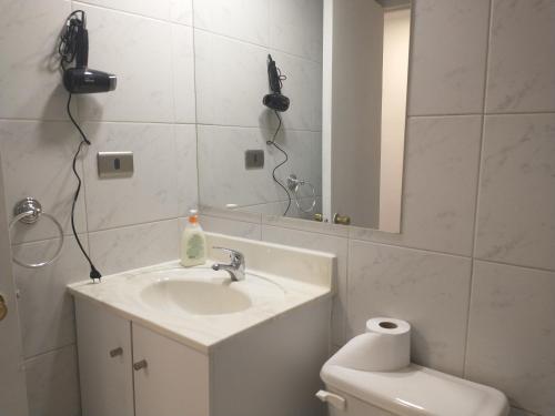 een badkamer met een wastafel, een spiegel en een toilet bij Departamento Barrio Bellas Artes in Santiago