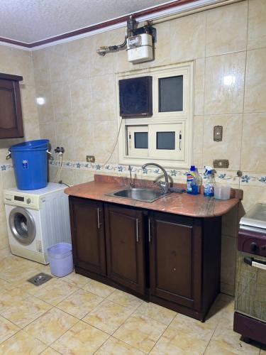 een keuken met een wastafel, een wasmachine en een droger bij Al Moayad Abbas Al Akkad Hotel in Caïro