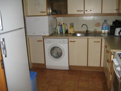een keuken met een wasmachine en een wastafel bij AMPOLLA in L'Ampolla