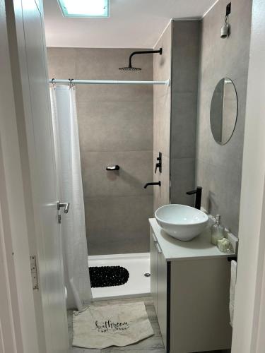 a bathroom with a sink and a shower at Moderno dpto céntrico 1 dormitorio , luminoso y cómodo , con cochera opcional in Santa Fe