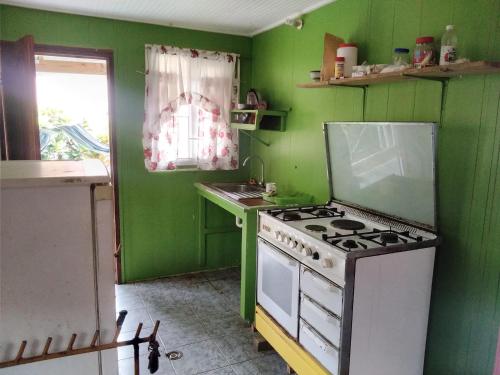 a green kitchen with a stove and a sink at Ian Creole Garaden Cottages in Roseau