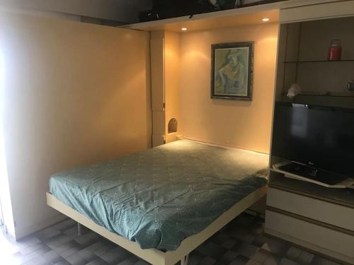 une chambre avec un lit et une télévision à écran plat dans l'établissement Agde : appartement vue sur le port, au Cap d'Agde